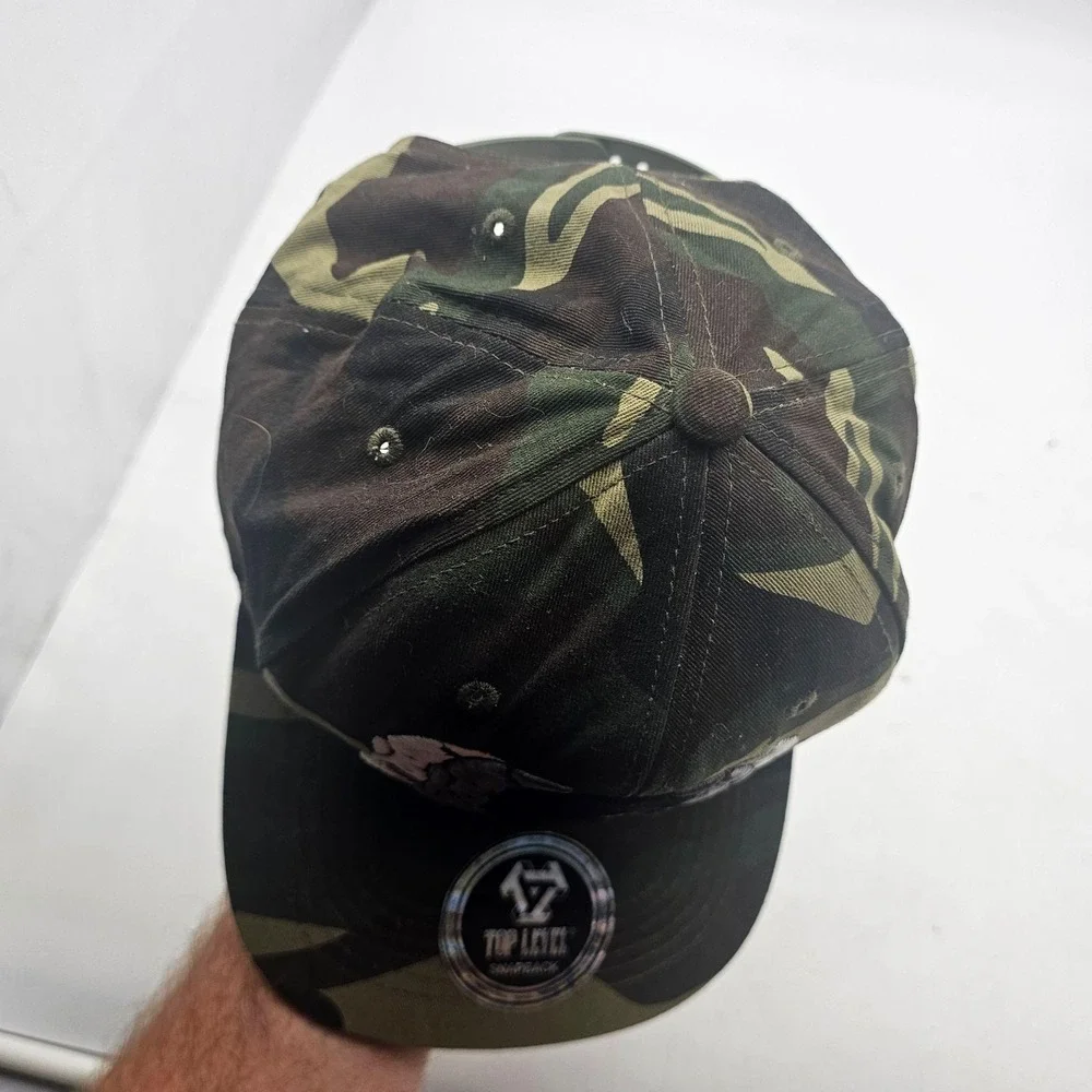 Top Level Hat Cap Snap Back Mens One Size Green Camo Skull Graphic Army Twill